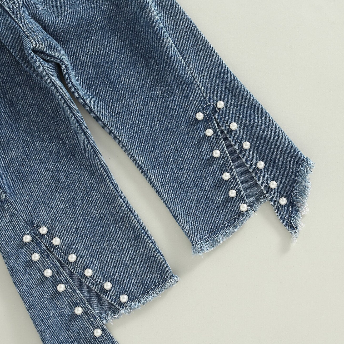 Conjunto de 2 piezas, pantalones vaqueros con abertura de flores y manga larga, pantalones con cuentas, traje de otoño