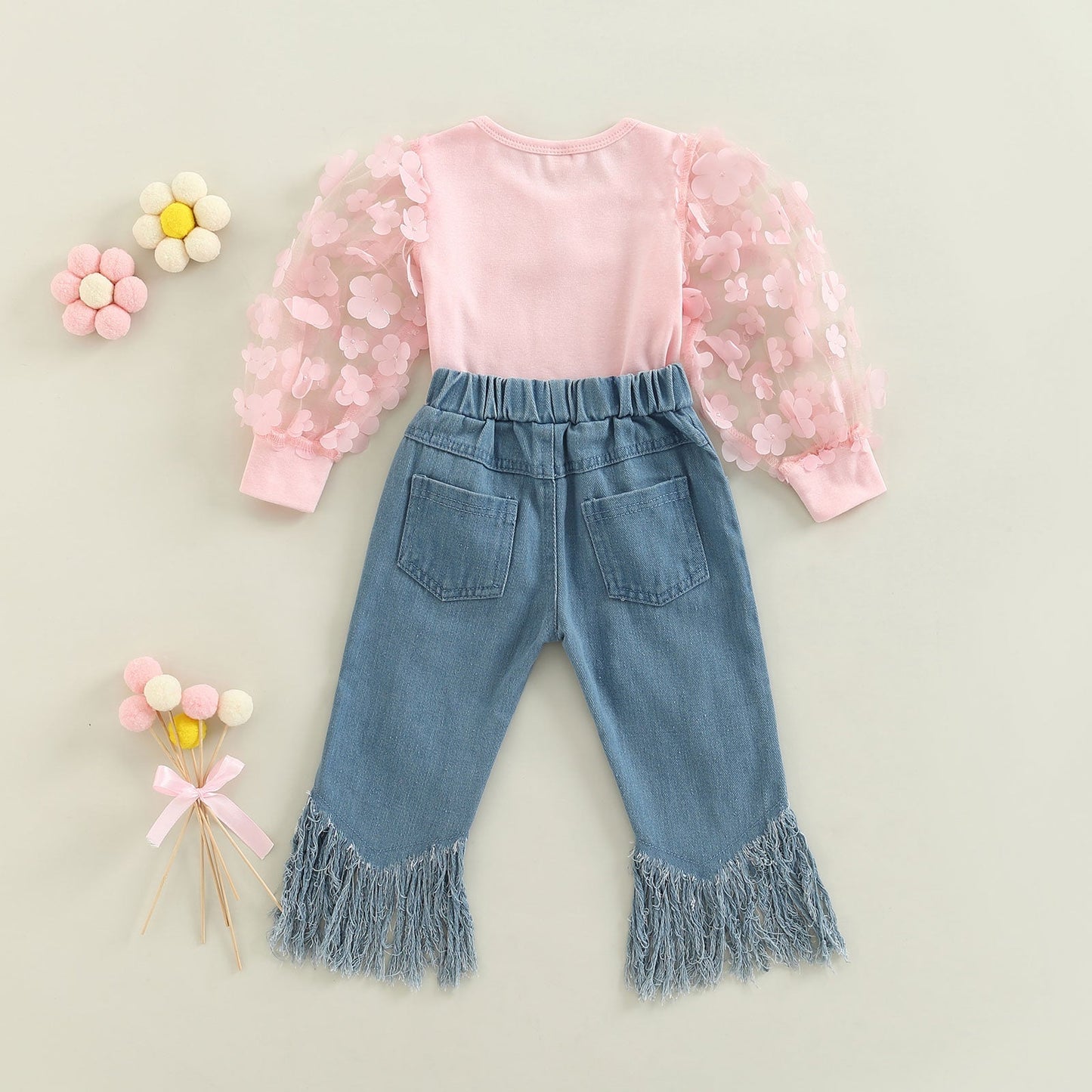 Conjunto de traje de primavera y otoño para niños pequeños, camisetas de malla de manga larga, camisa + pantalones acampanados con borlas de mezclilla