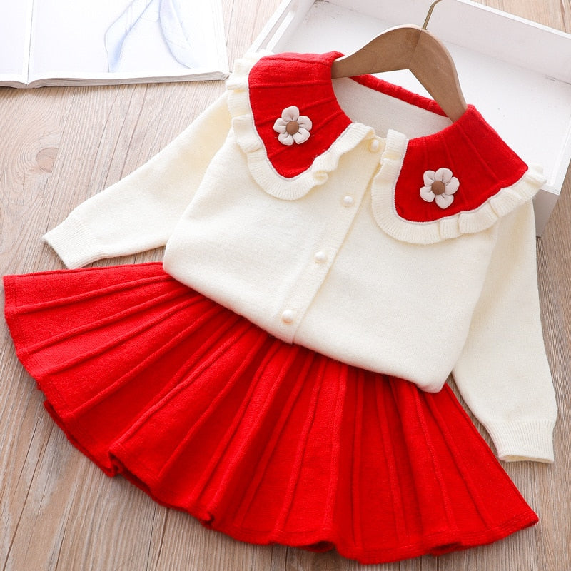 Conjunto De Suéter Suéter De Flores Tricolor Falda Plisada