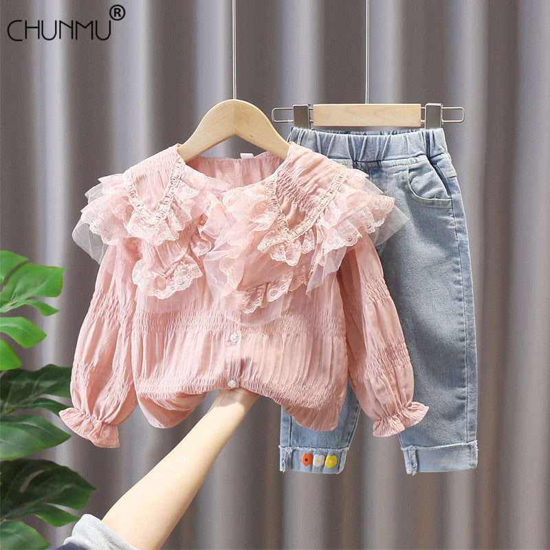 Ropa de otoño para niños y niñas, Tops de encaje con solapa dulce, conjunto de pantalones vaqueros, traje de 2 uds, chándal para niños, conjuntos de ropa para niñas