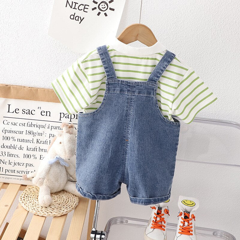 Conjunto Infantil Peto Jeans Camisa Rayas