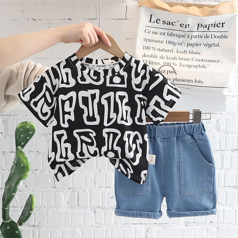 Conjunto Infantil Pantalón Corto Jeans con Camiseta Letras