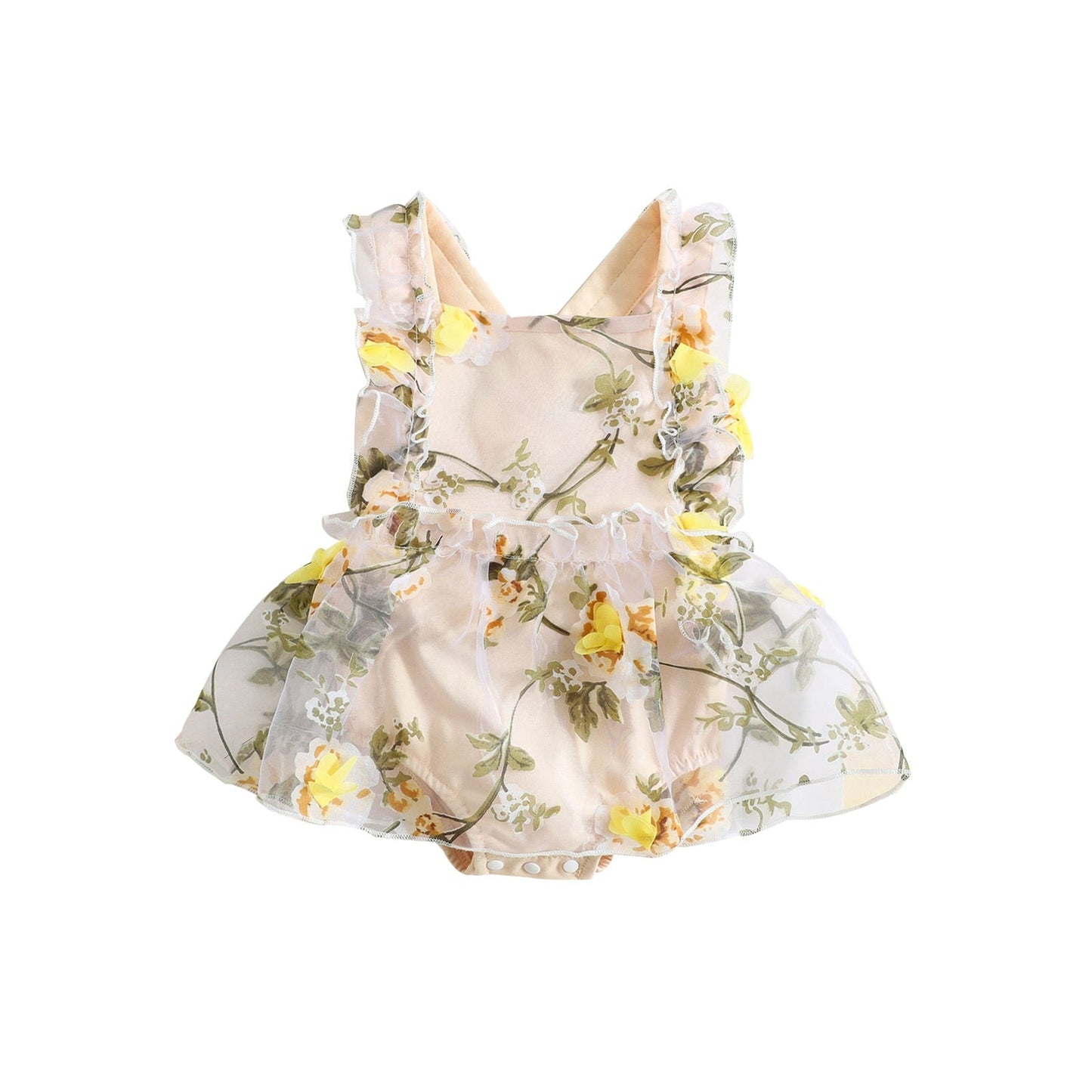 Mameluco de vestido de una línea de verano con retazos de tul y flores