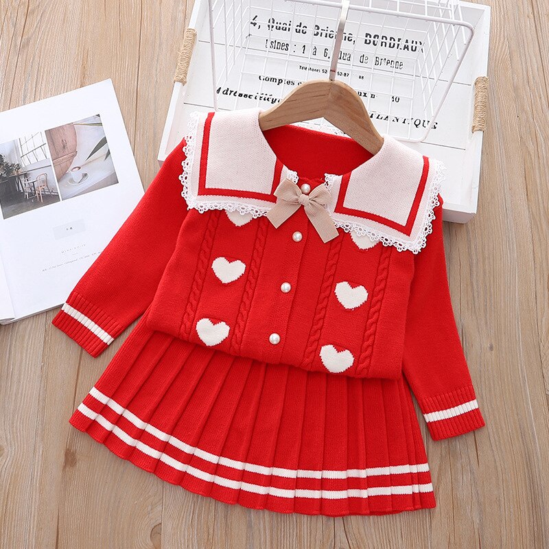Conjunto de ropa para niños, suéter tejido con lazo y falda plisada, 2 uds.