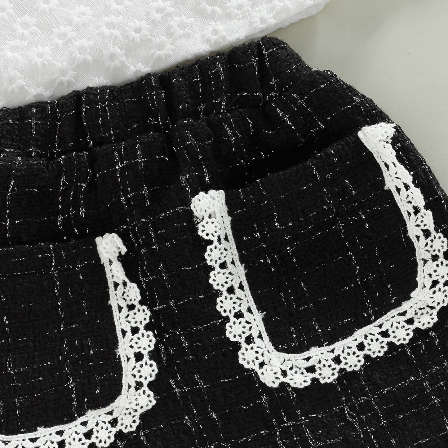 Conjunto Camisa Manga Larga Cuello Redondo Encaje Floral + Patchwork Encaje