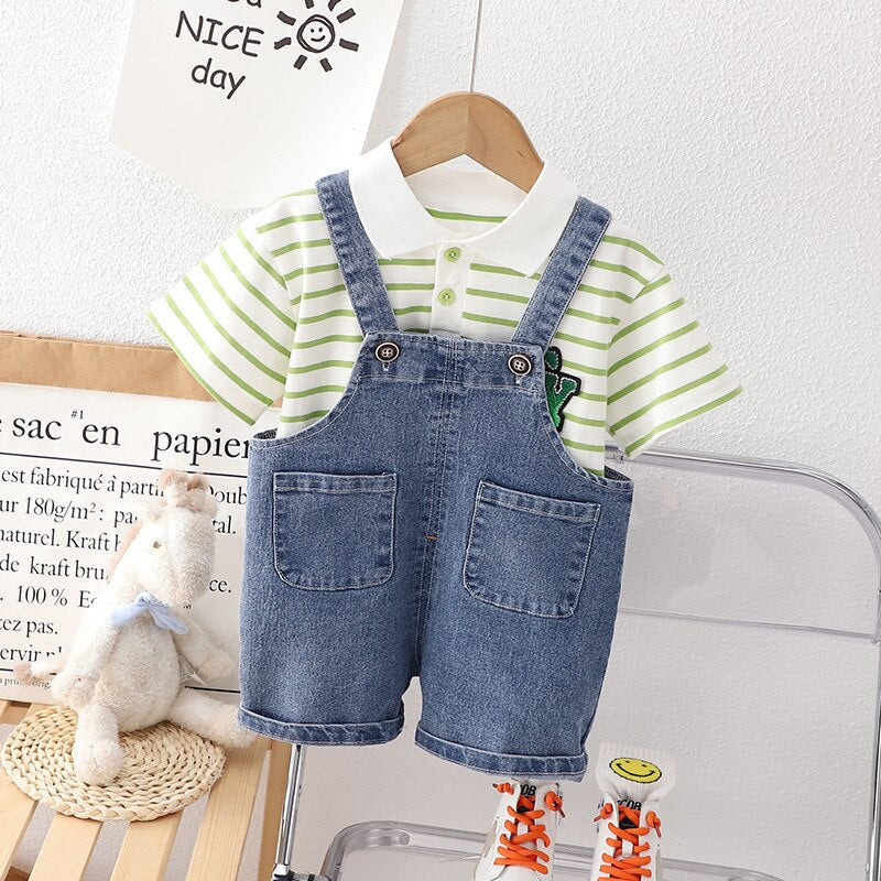 Conjunto Infantil Peto Jeans Camisa Rayas