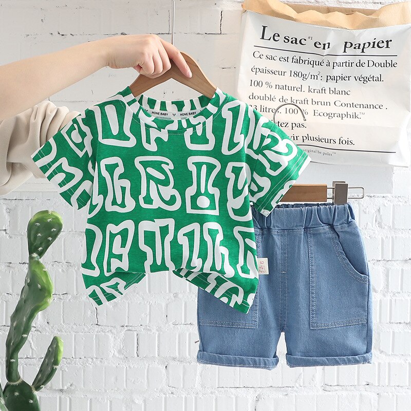 Conjunto Infantil Pantalón Corto Jeans con Camiseta Letras