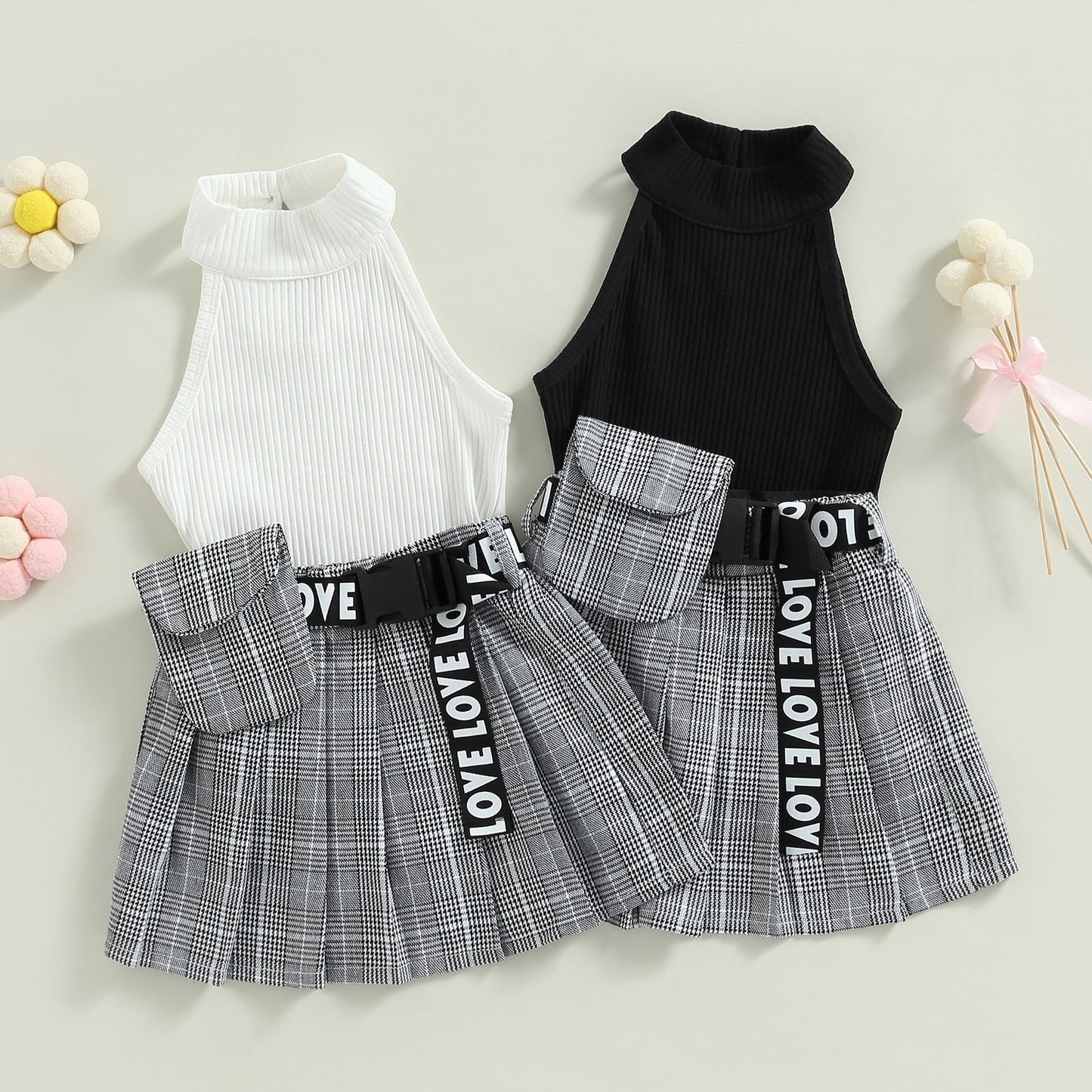 Conjunto de verano, chaleco acanalado liso sin mangas con cuello alto + falda plisada a cuadros + riñonera