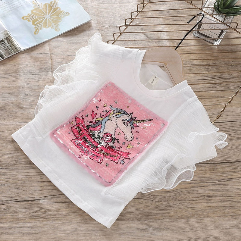 Conjuntos de ropa Unicornio Verano Lentejuelas Moda Top y falda vaquera