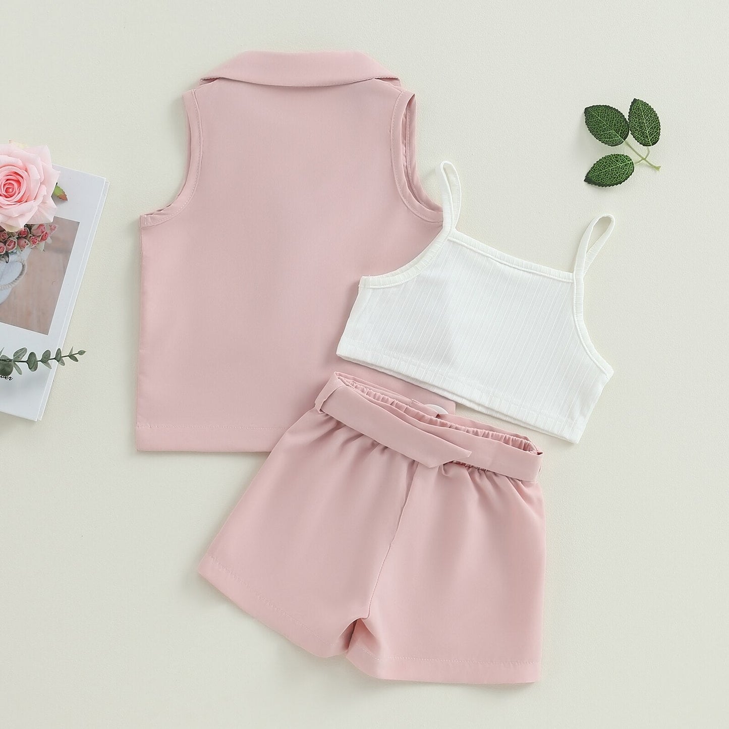 Conjuntos de verano de 3 piezas: blazer + tops tipo camisola + pantalones cortos con cinturón 2-7T