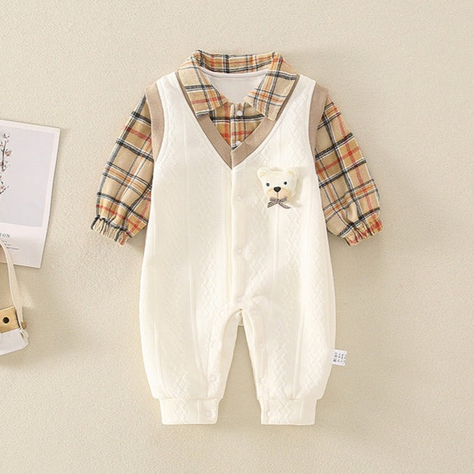 Mono infantil a cuadros con osito de peluche