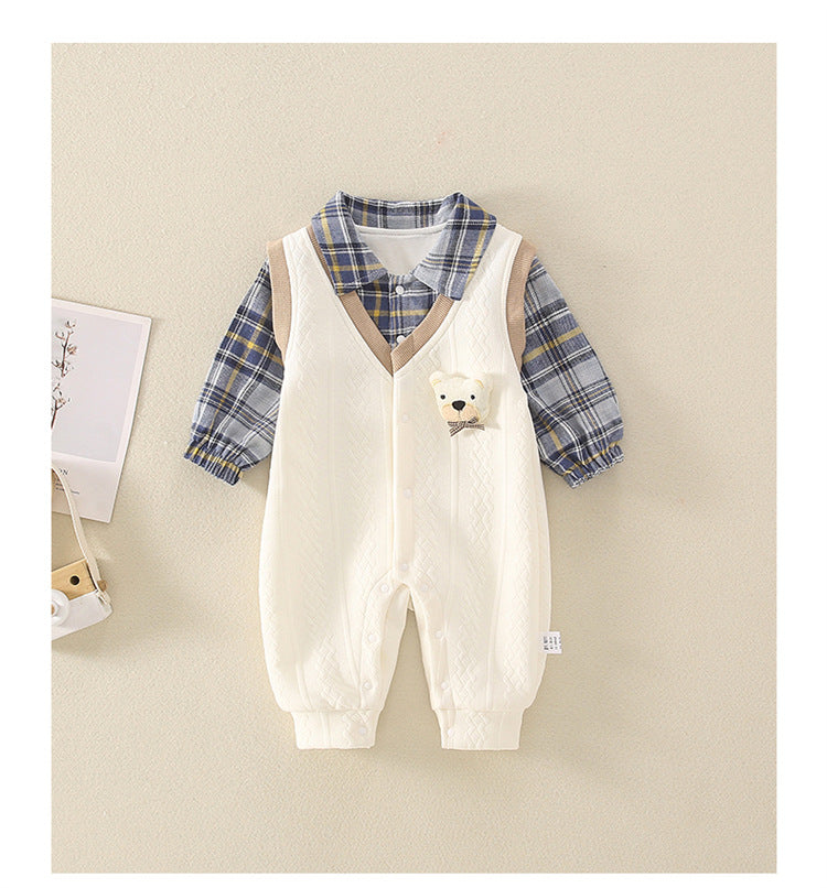 Mono infantil a cuadros con osito de peluche