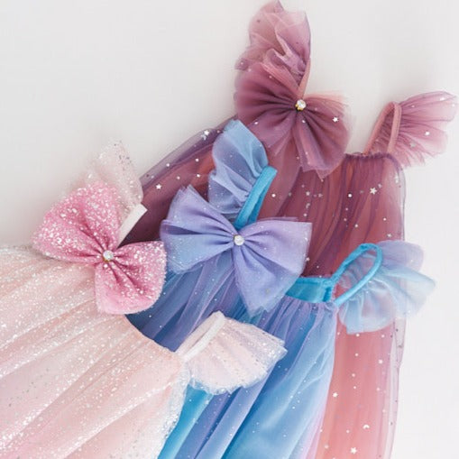 Vestido infantil de tul con purpurina y lazo