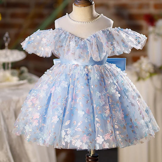 Vestido de Fiesta Infantil Flores Azules
