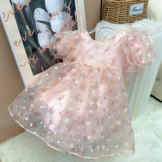 Vestido de fiesta infantil floral abullonado