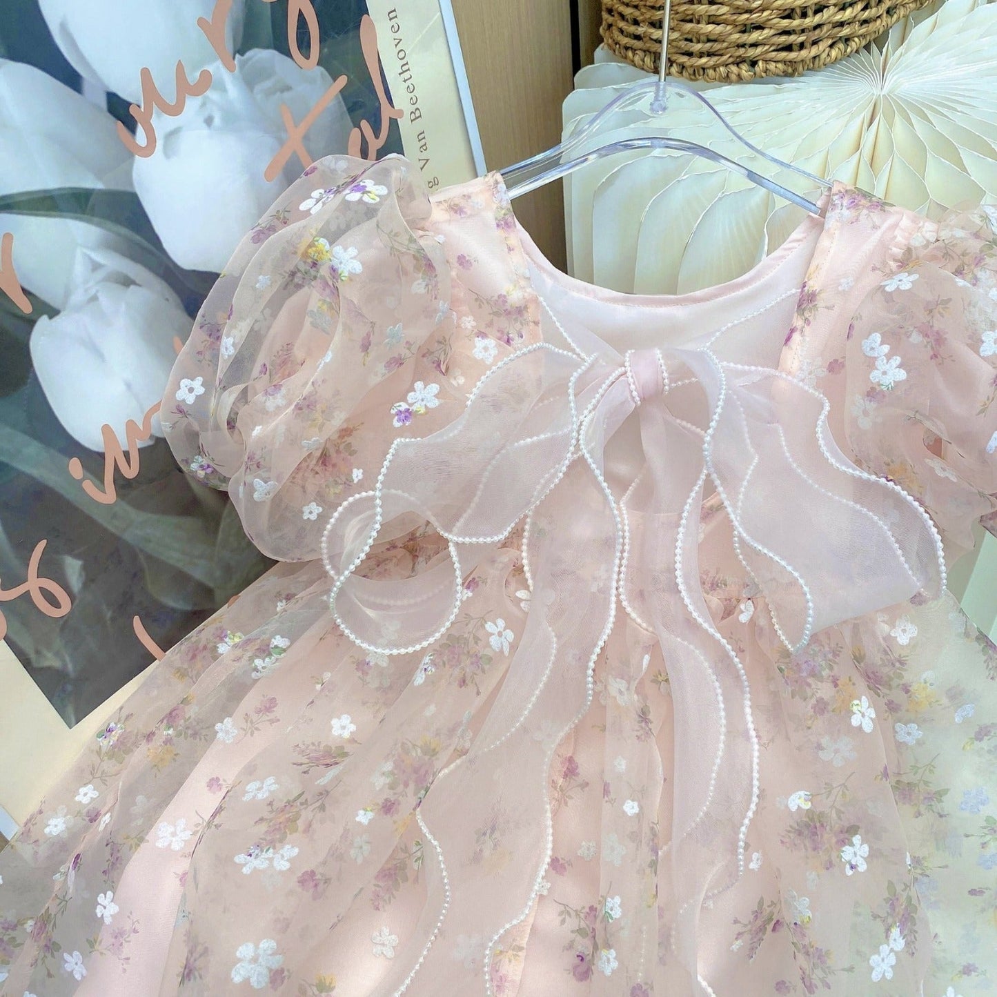 Vestido de fiesta infantil floral abullonado