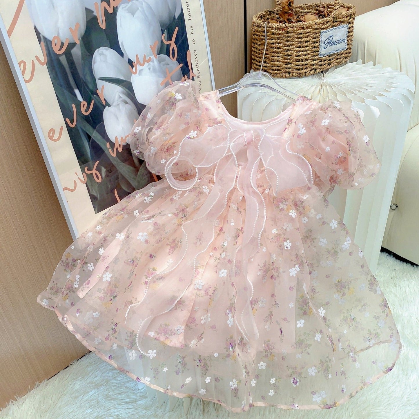 Vestido de fiesta infantil floral abullonado