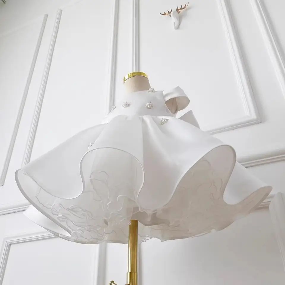 Vestido de Fiesta Infantil Perlas Blancas y Lazo