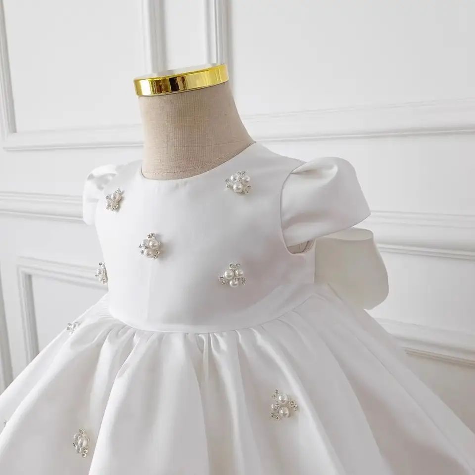 Vestido de Fiesta Infantil Perlas Blancas y Lazo