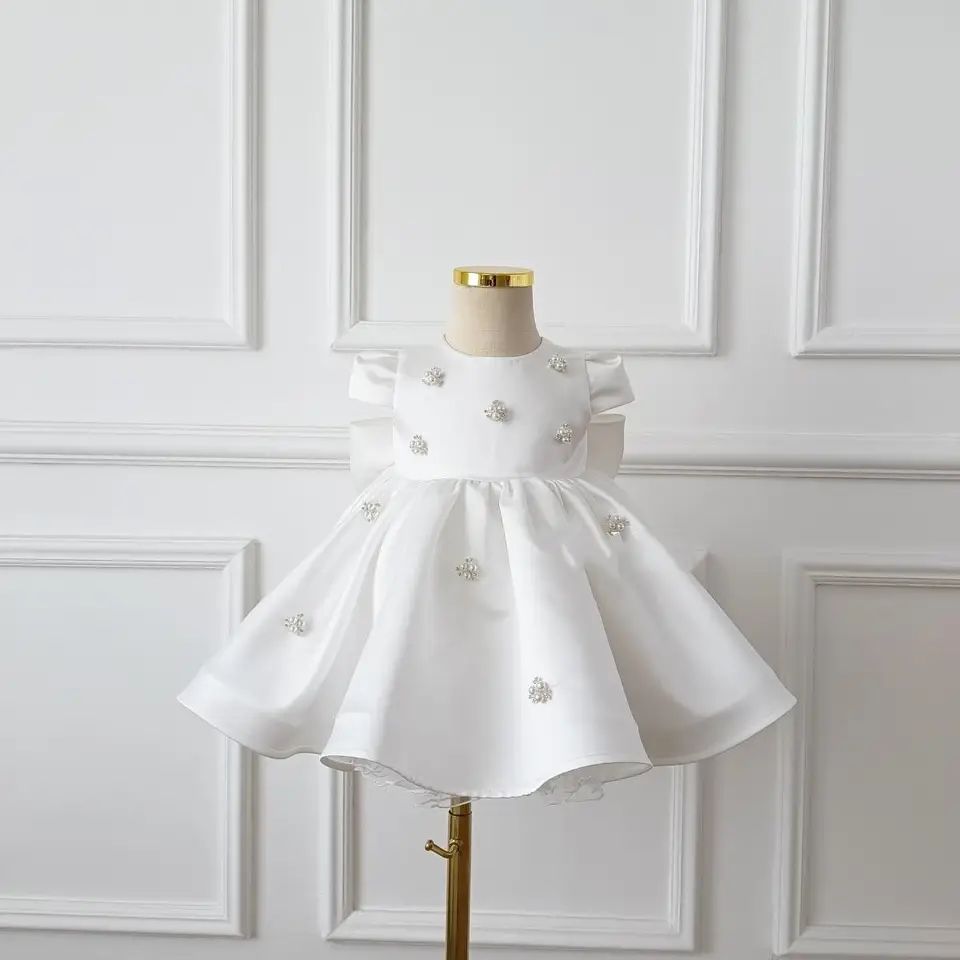 Vestido de Fiesta Infantil Perlas Blancas y Lazo