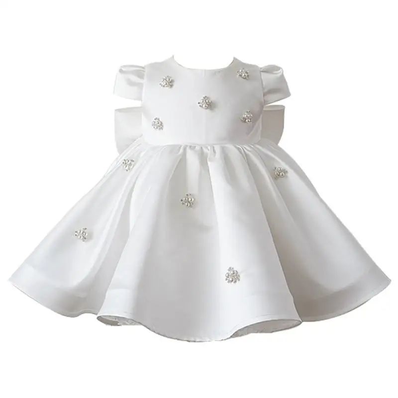 Vestido de Fiesta Infantil Perlas Blancas y Lazo