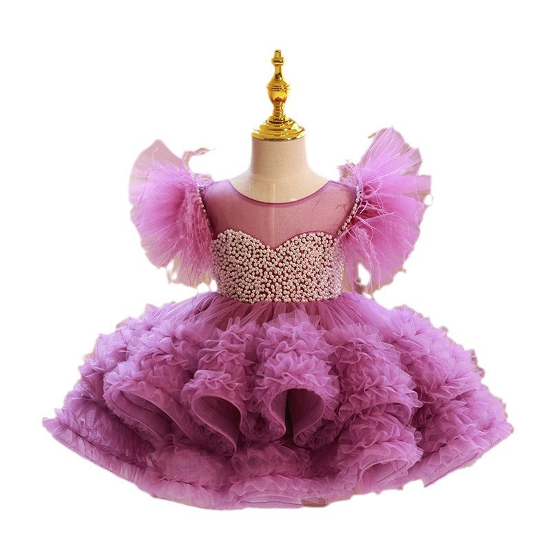 Vestido de Fiesta Infantil Morado Hinchado y Perlas