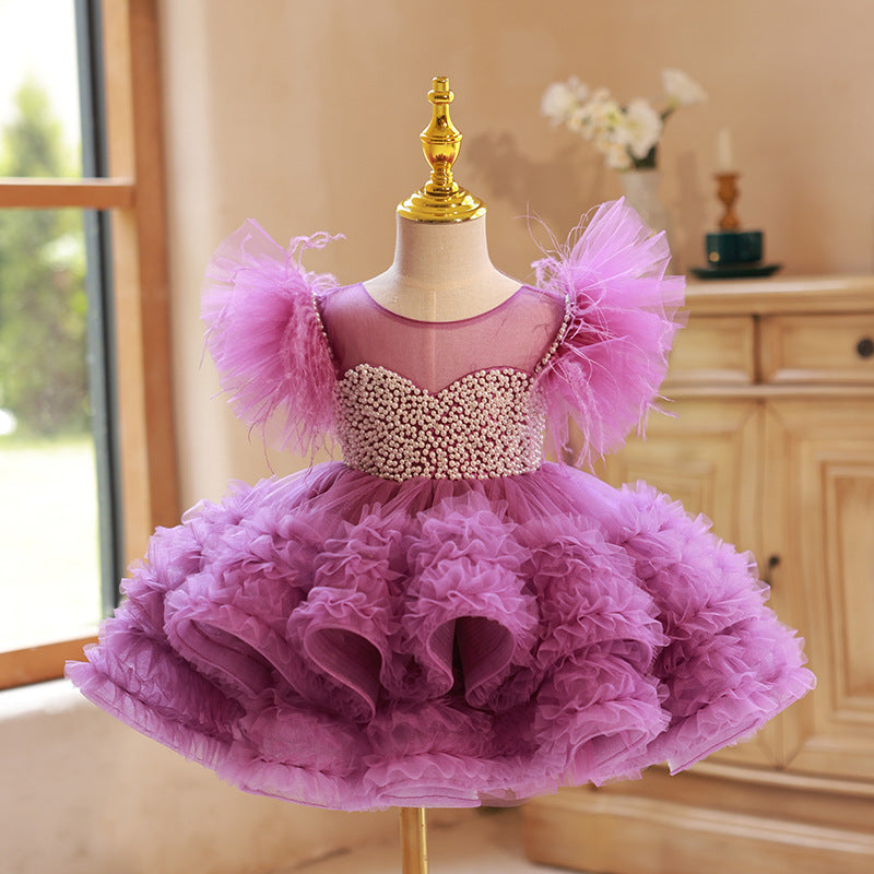 Vestido de Fiesta Infantil Morado Hinchado y Perlas