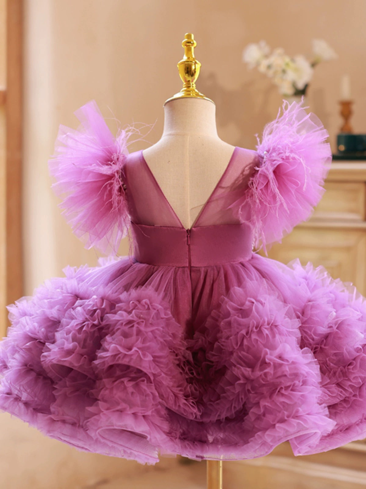 Vestido de Fiesta Infantil Morado Hinchado y Perlas