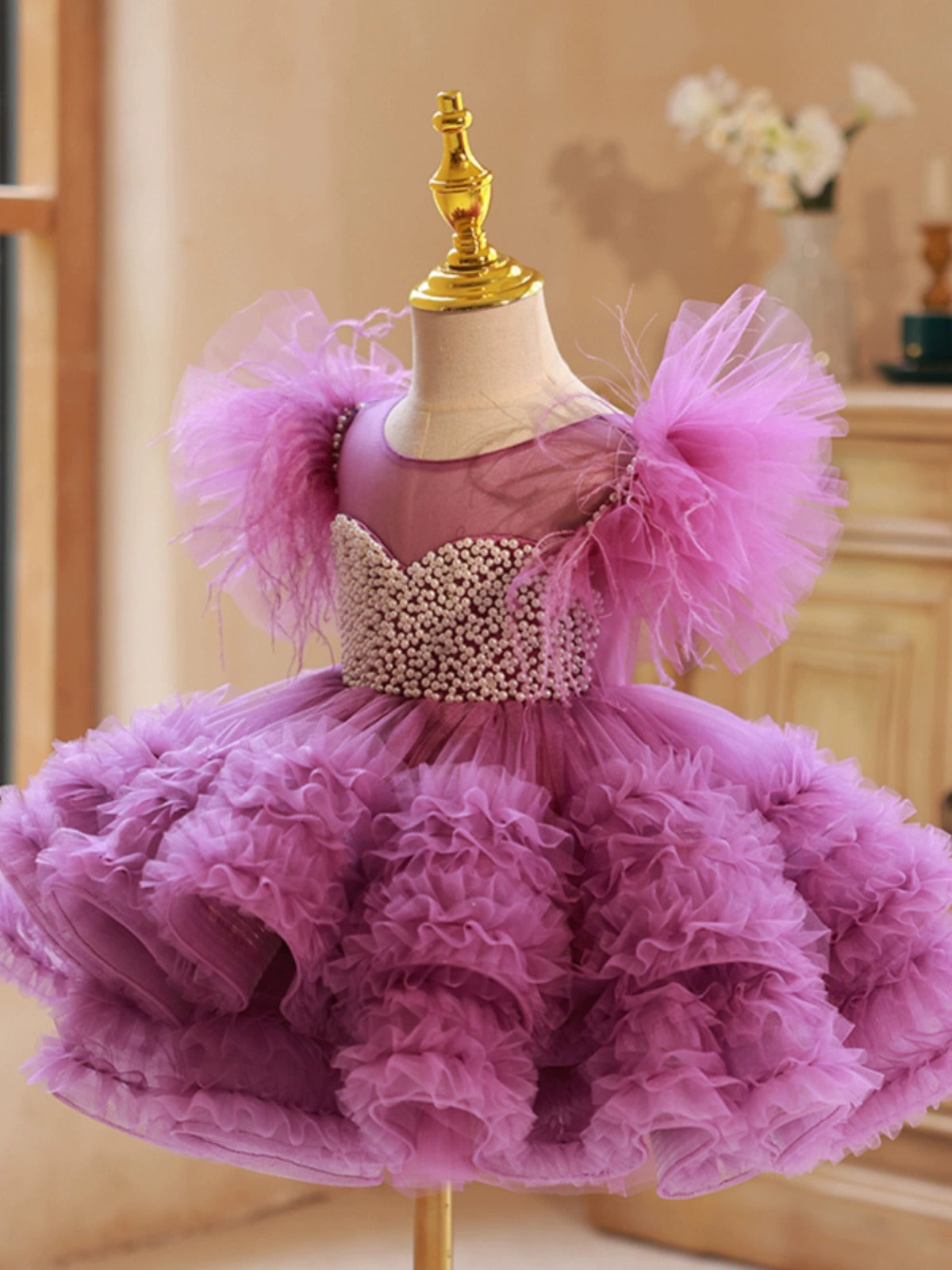 Vestido de Fiesta Infantil Morado Hinchado y Perlas