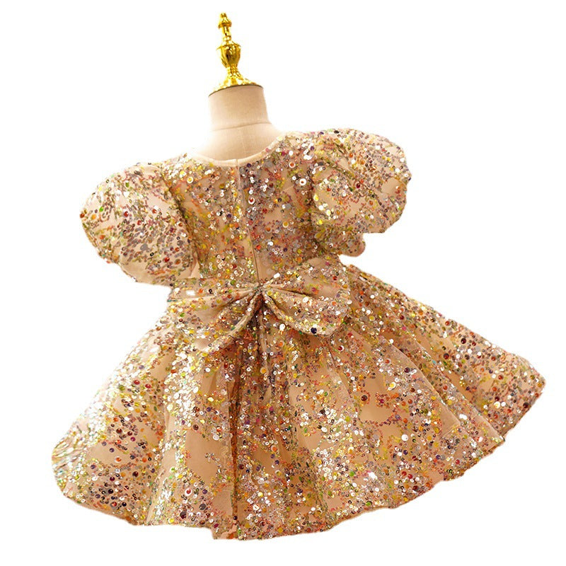 Vestido de Fiesta Infantil Pedrarias Oro + Lazo