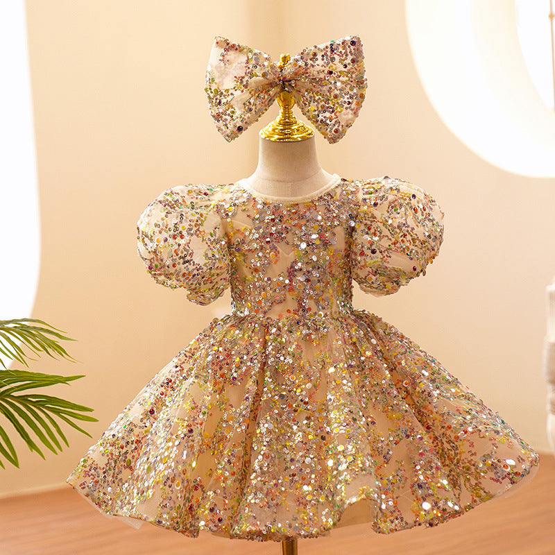 Vestido de Fiesta Infantil Pedrarias Oro + Lazo