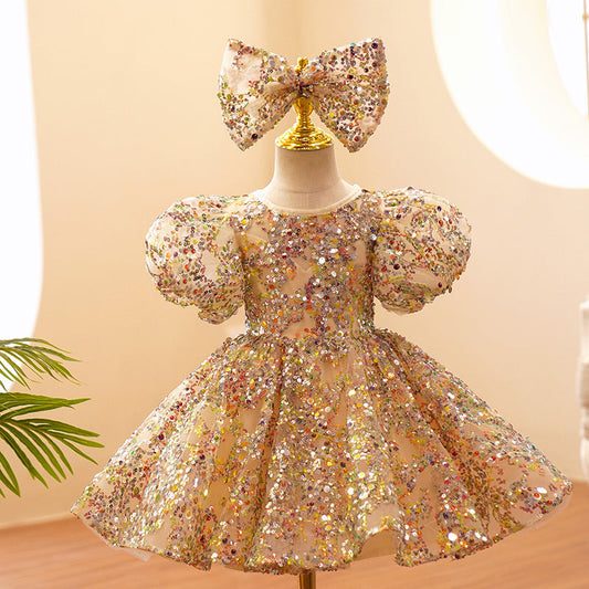 Vestido de Fiesta Infantil Pedrarias Oro + Lazo