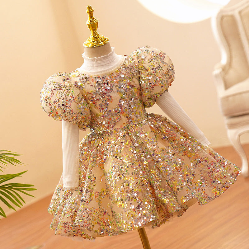 Vestido de Fiesta Infantil Pedrarias Oro + Lazo