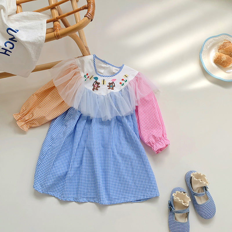 Vestido infantil con ositos de peluche a cuadros coloridos