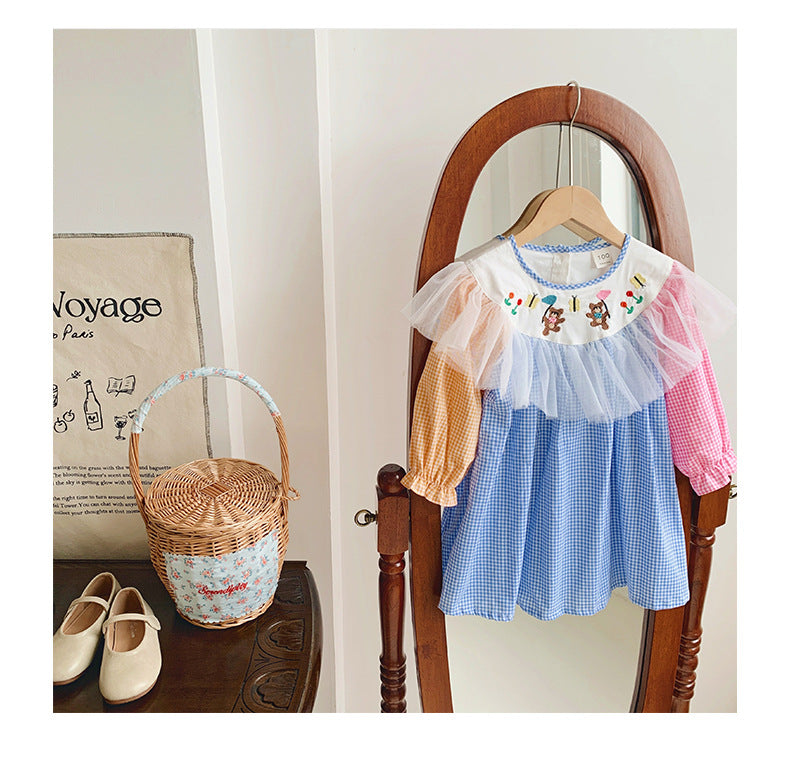 Vestido infantil con ositos de peluche a cuadros coloridos