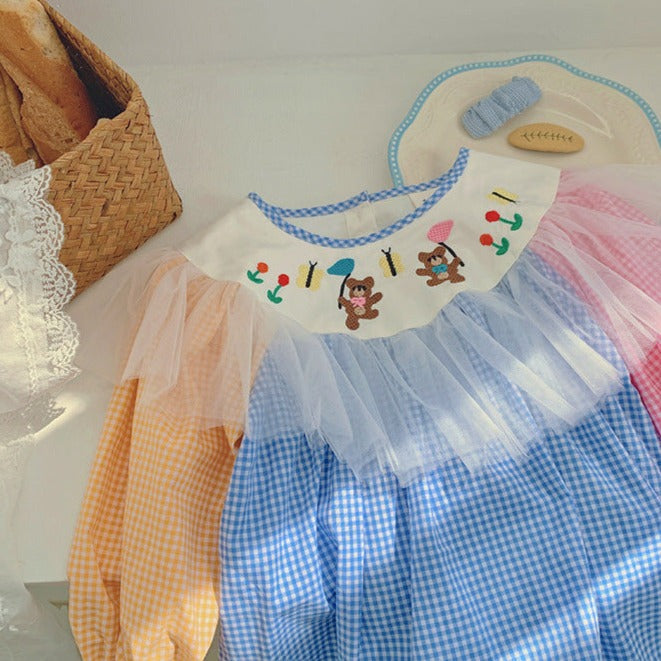 Vestido infantil con ositos de peluche a cuadros coloridos
