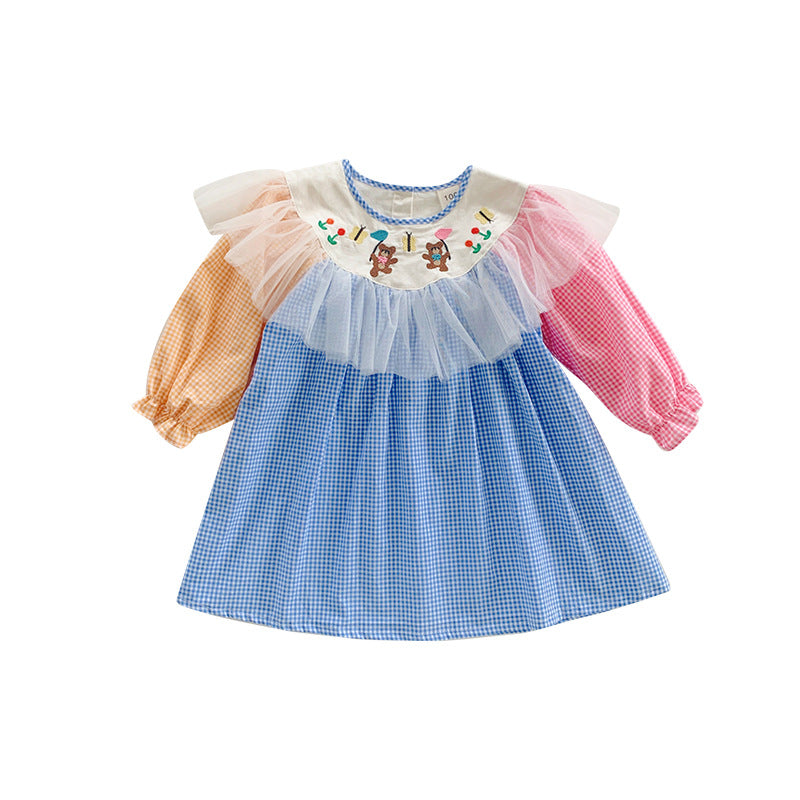 Vestido infantil con ositos de peluche a cuadros coloridos