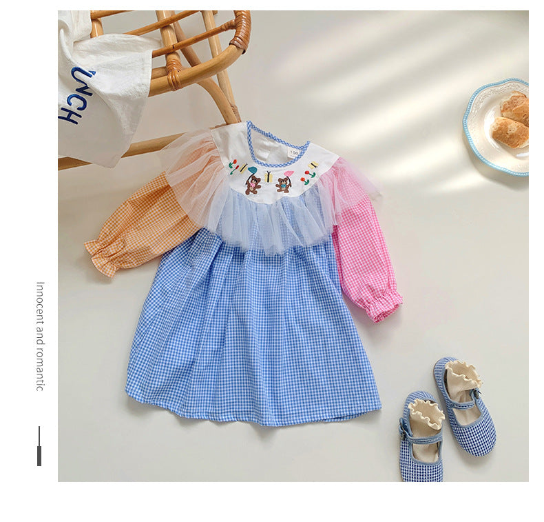 Vestido infantil con ositos de peluche a cuadros coloridos
