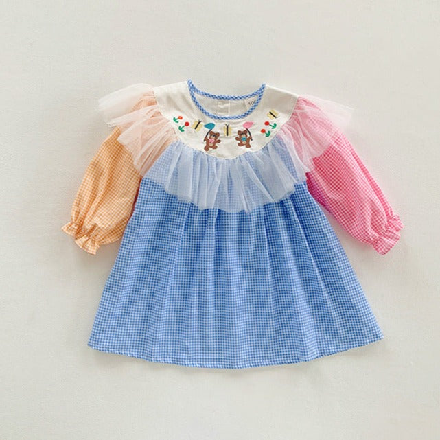 Vestido infantil con ositos de peluche a cuadros coloridos