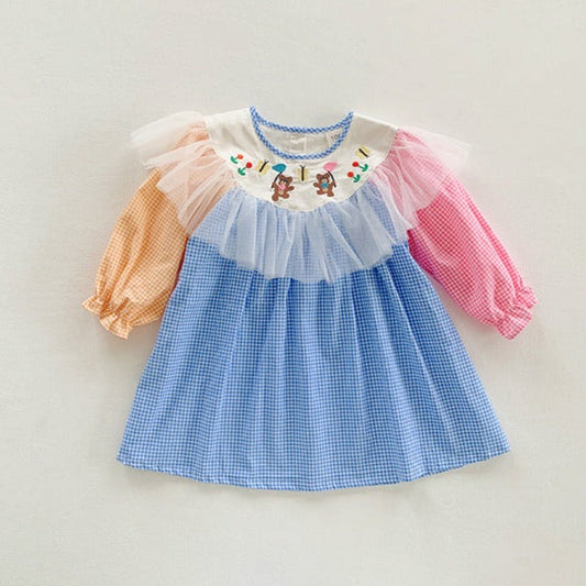 Vestido infantil con ositos de peluche a cuadros coloridos