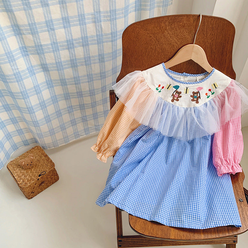 Vestido infantil con ositos de peluche a cuadros coloridos