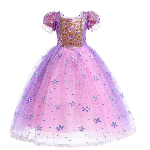Vestido de fiesta infantil con flores moradas