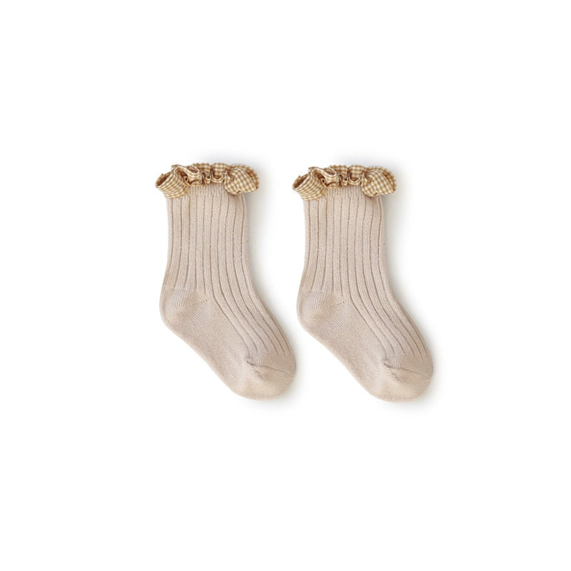 Meia Alta Babado Xadrez MEIA Loja Click Certo Bege 0-1 Anos 10cm