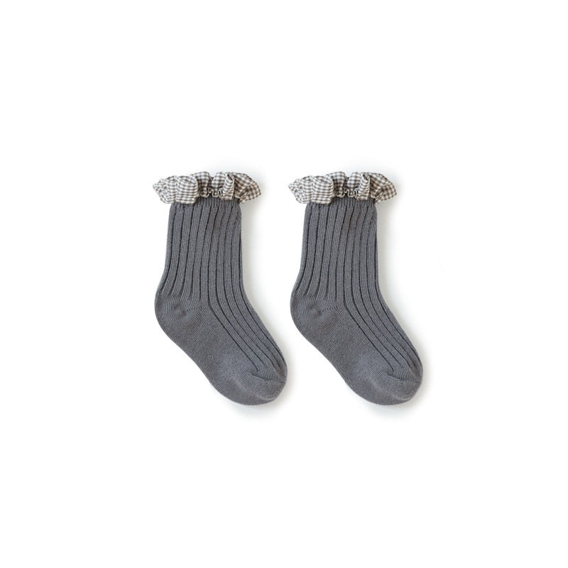 Meia Alta Babado Xadrez MEIA Loja Click Certo Cinza 0-1 Anos 10cm