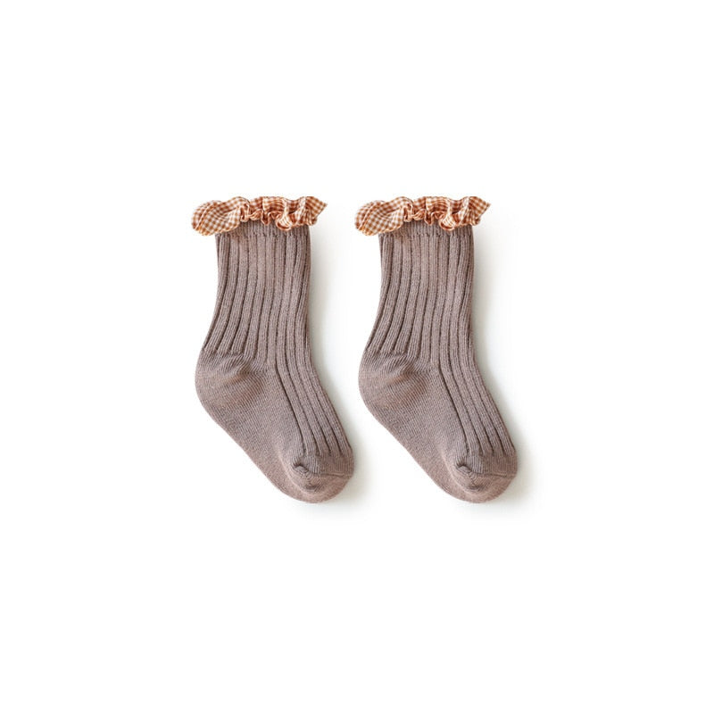 Meia Alta Babado Xadrez MEIA Loja Click Certo Marrom 0-1 Anos 10cm