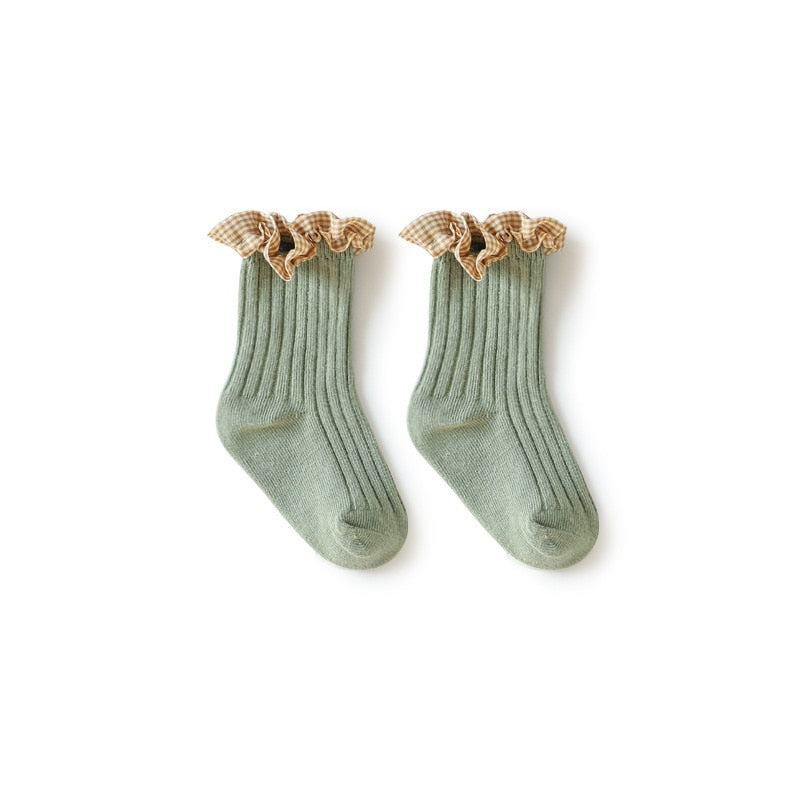 Meia Alta Babado Xadrez MEIA Loja Click Certo Verde 0-1 Anos 10cm