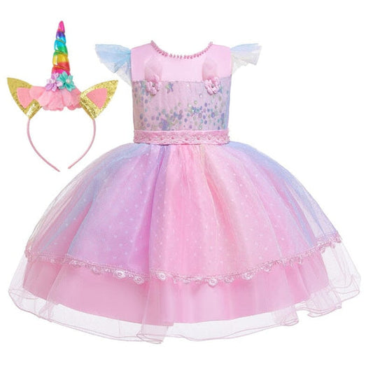 Vestido Fiesta Infantil + Tiara Unicornio