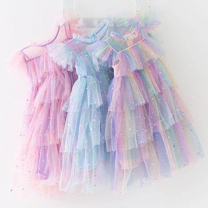 Vestido Infantil Volantes Tul Estrellas
