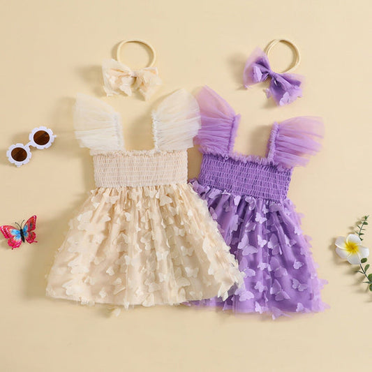 Vestido Infantil Tul Mariposas + Lazo