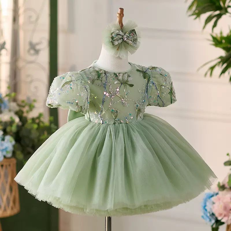 Vestido de fiesta infantil verde brillante